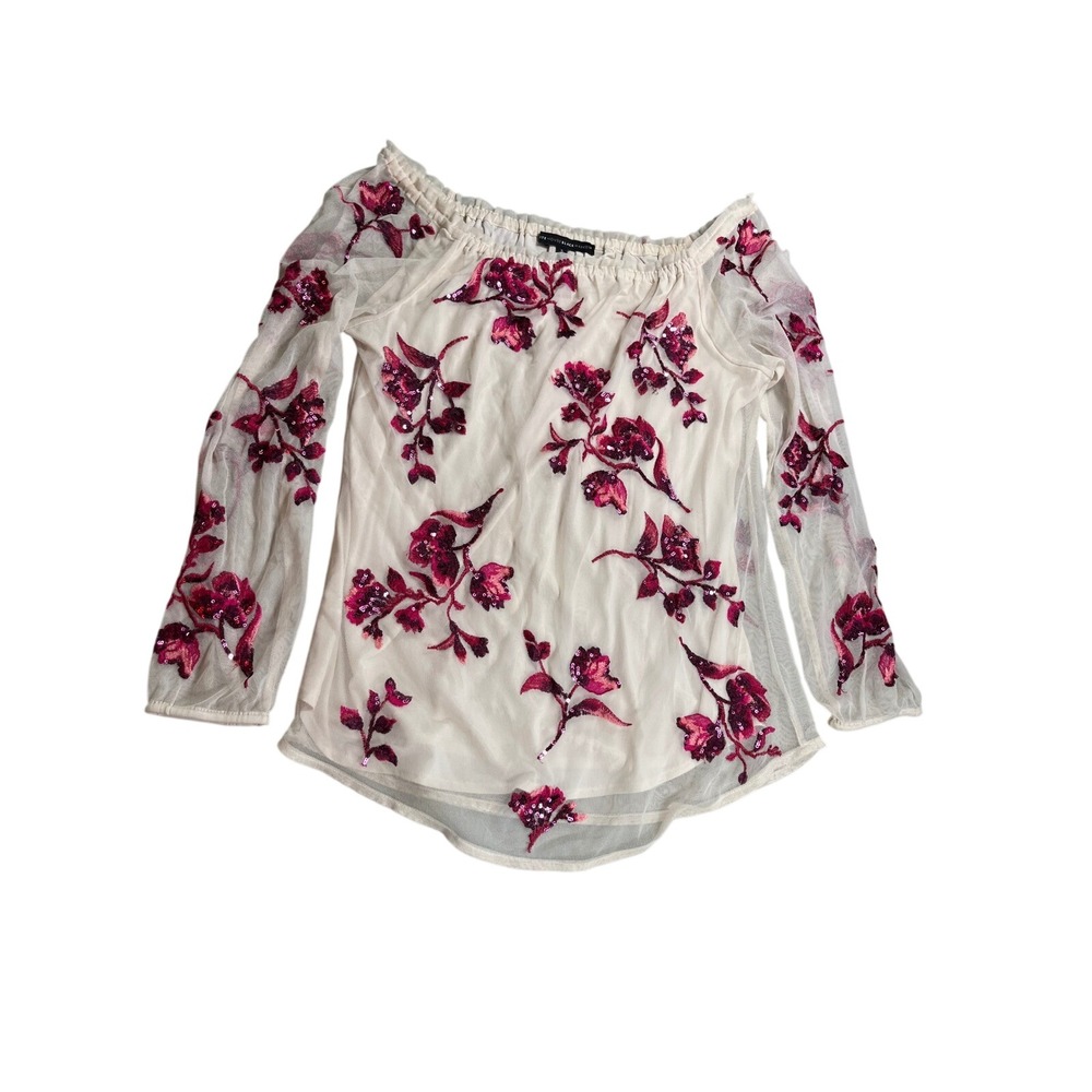 White House Black Market Off Shoulder Embroidered Sequin Floral Mesh Top Small